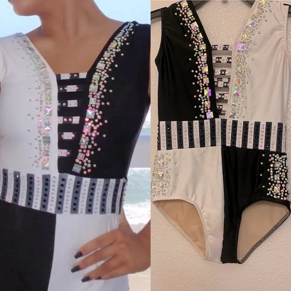 Glamour Black and White Sequin Split-Panel Dance Leotard